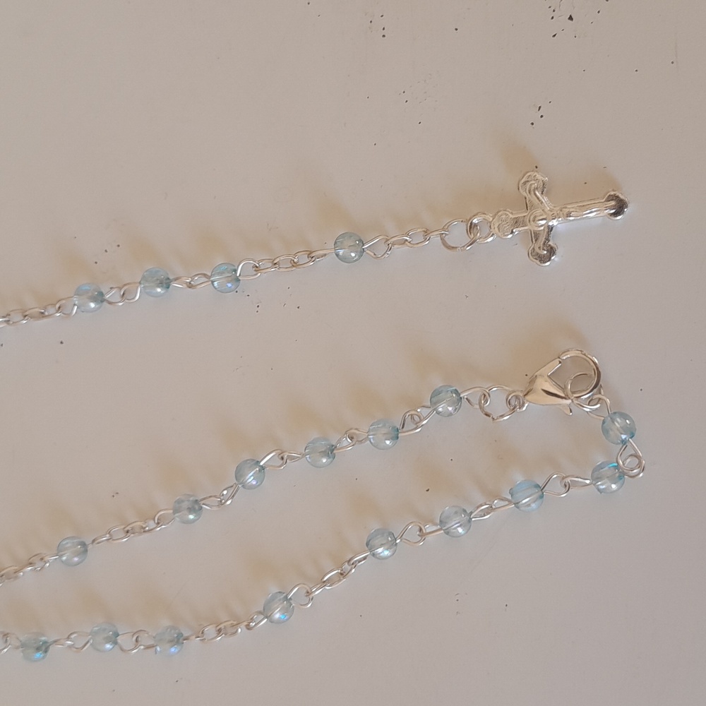 Blue bead cross silver rosary crucifix necklace prayer religious christian